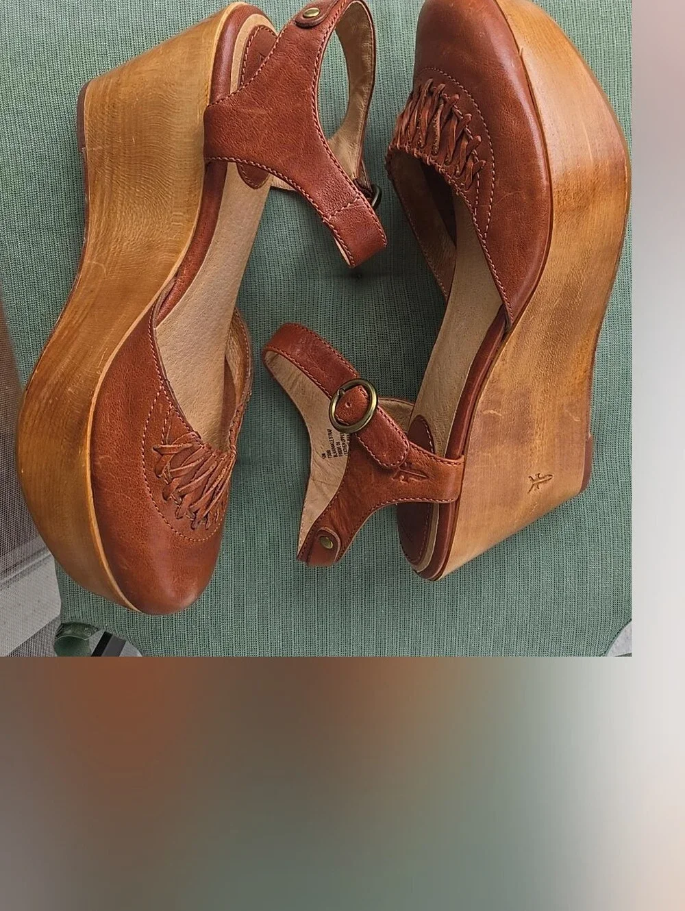 Frye Blair Cognac Leather Closed Toe Mary Jane Platform Wedges Size 10M